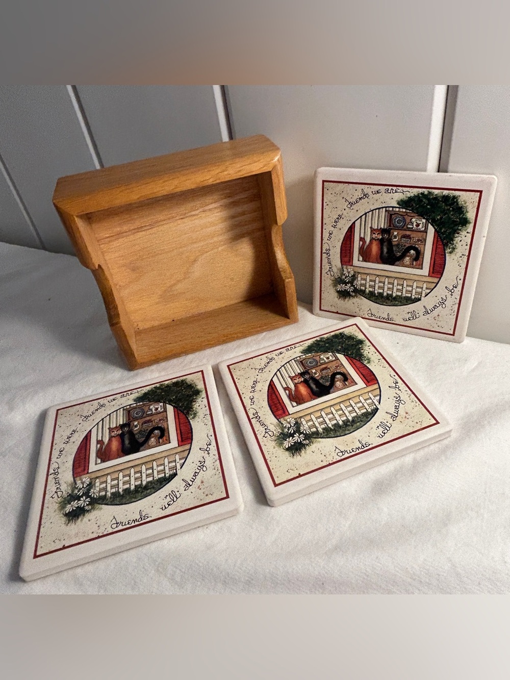Vintage cat ceramic tile coasters Set 3 with wooden caddy holder D. Morgan art